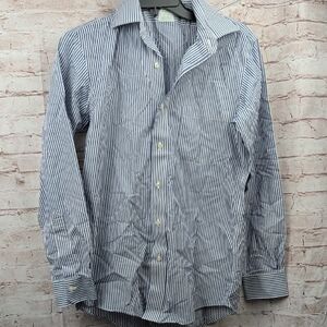 brook Brothers Milano Men's White and Blue Striped Button Down Shirt